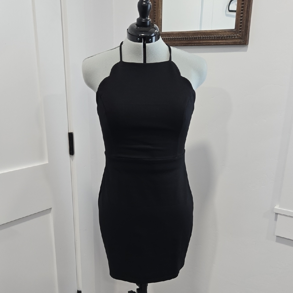 Black Scalloped Halter Mini Dress